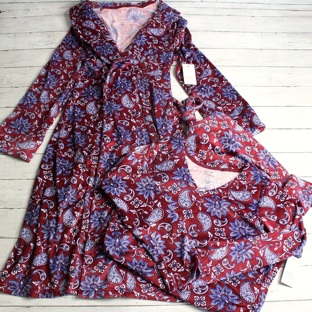 Croft & Barrow Women's Long Plush Robe Nightgown Set Size S Burgundy Floral